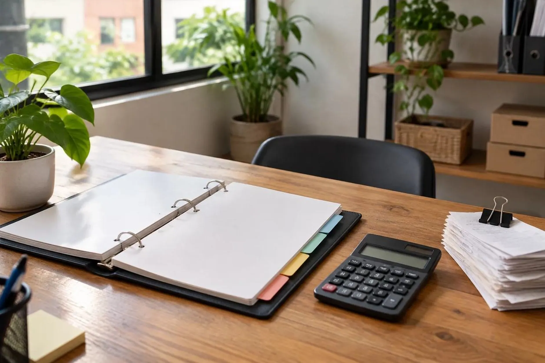 Mesa com planilhas de custos, extratos e um caderno de anotações