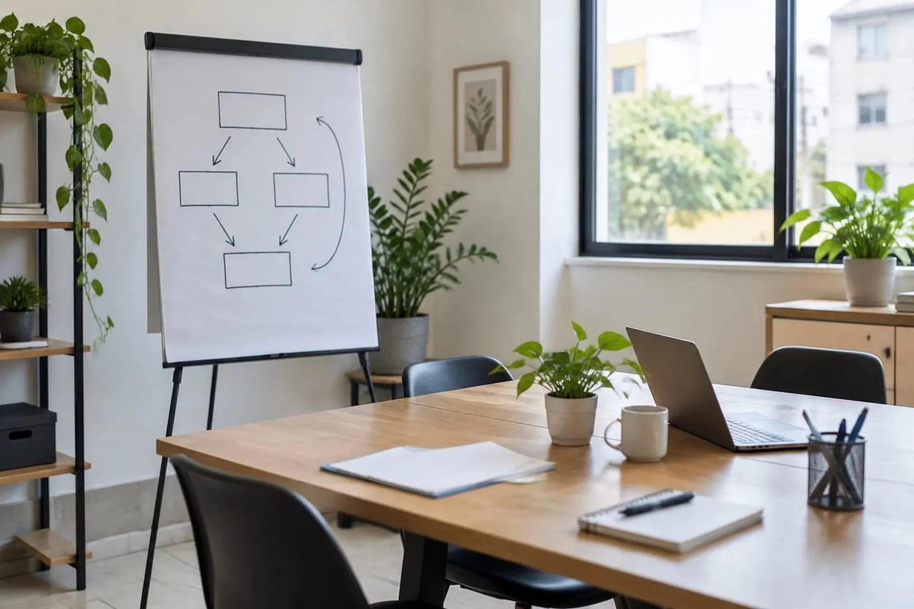 Quadro branco com as etapas de um processo da empresa desenhadas